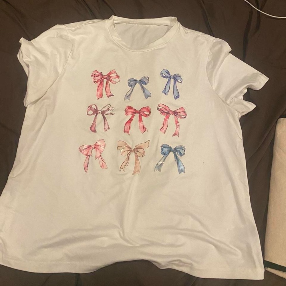 SHEIN White Tee with Colorful Bow Print